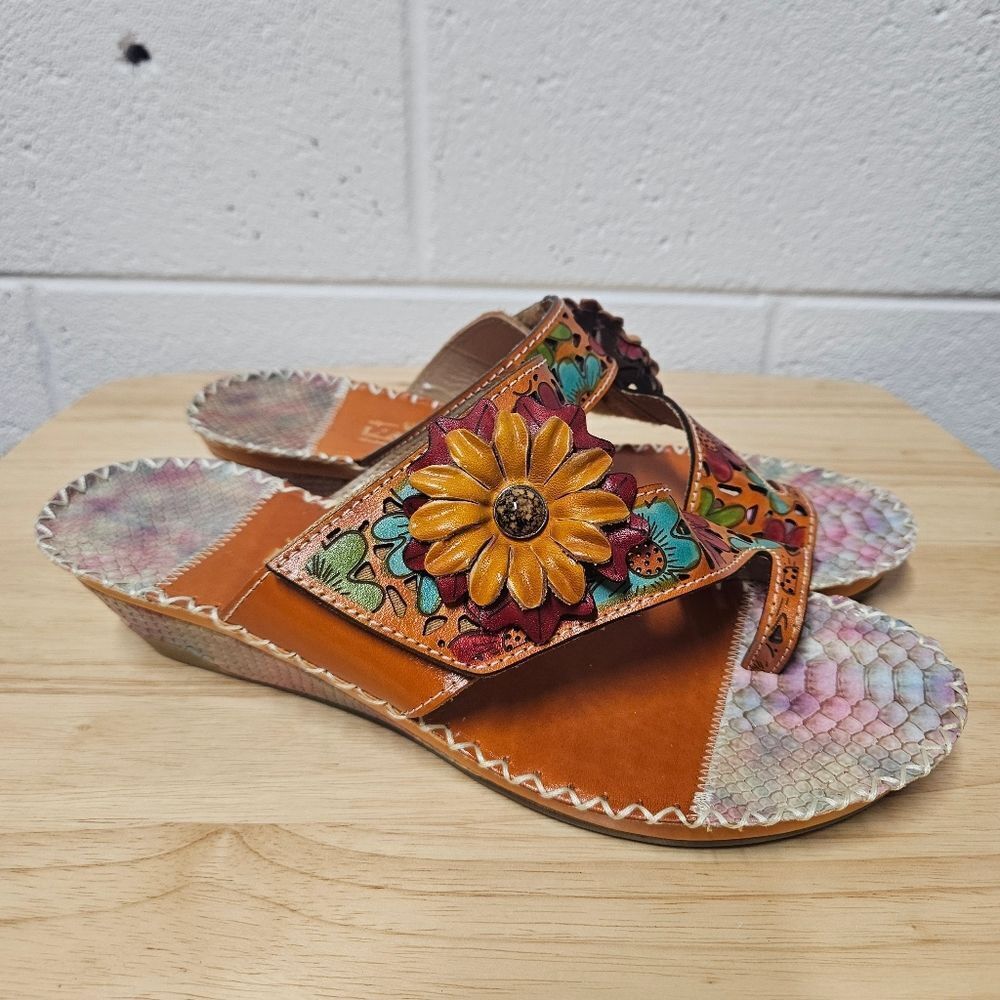 Spring Step L'Artiste Vardi women’s Leather Floral Sandals wedge comfort size 9 - Picture 3 of 12